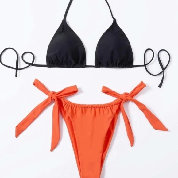 Orange Halter triangle padded black side tie ruched lined thong swimsuit Sz S - Picture 2 of 6